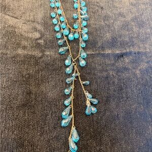 Vintage Aqua Glass Teardrop Y Necklace - Layered Chandelier